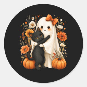 Adesivo Redondo Fantasma de Halloween Abraçando Gato Preto Floral 