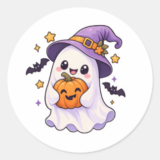 Adesivo Redondo Fantasma de Halloween Fofo com Abóbora