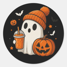 Adesivo Redondo Fantasma de Halloween Fofo com Abóbora e Bebida