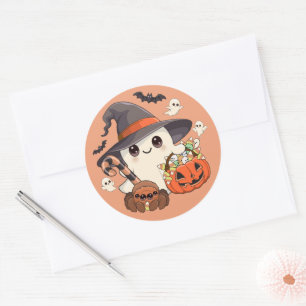 Adesivo Redondo Fantasma de Halloween Fofo no Estilo Kawaii