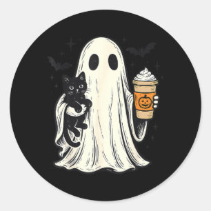 Adesivo Redondo Fantasma de Halloween Fofo Segurando Gato Preto Ca