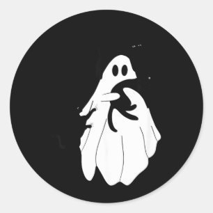 Adesivo Redondo Fantasma de Halloween Fofo Segurando Três Gatos Pr
