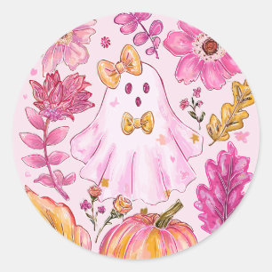 Adesivo Redondo Fantasma de Halloween Rosa Pastel com Flores e Abó