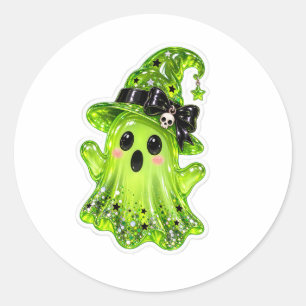 Adesivo Redondo Fantasma de Slime Verde Mágico Usando Chapéu de Br