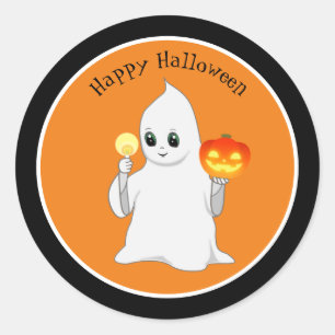 Adesivo Redondo Fantasma e Abóbora de Halloween Fofos em Laranja