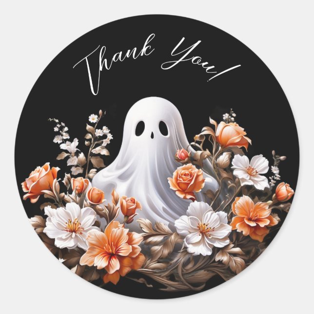 Adesivo Redondo Fantasma e Flores no Halloween Obrigado Stickers (Frente)
