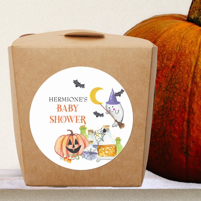 Adesivo Redondo Fantasma e Poção Mágica do Chá de fraldas de Hallo (Stickers for Halloween baby shower with cute witchy ghost, spooky lettering and baby making potions)