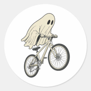 Adesivo Redondo Fantasma engraçado de Halloween andando de bicicle