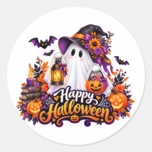 Adesivo Redondo Fantasma Feliz do Dia das Bruxas – Assustador e Co