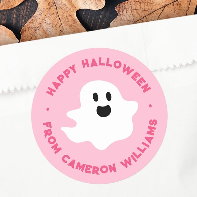 Adesivo Redondo Fantasma Feliz Feliz Dia das Bruxas, rosa (Spooky ghost Happy Halloween greeting pink Classic Round Sticker)