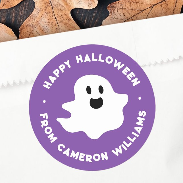 Adesivo Redondo Fantasma Feliz Feliz Halloween saudando roxo (Spooky ghost Happy Halloween greeting purple Classic Round Sticker)
