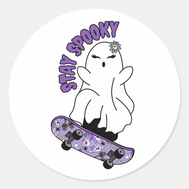 Adesivo Redondo Fantasma "Fique Louco" em um skate - Roxo Legal (Frente)
