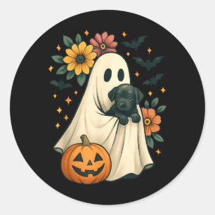 Adesivo Redondo Fantasma Floral Cachorro Preto Coquette Halloween 