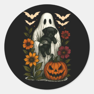 Adesivo Redondo Fantasma Floral Cachorro Preto Coquette Halloween