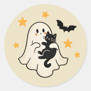 Adesivo Redondo Fantasma Flutuante Fofo de Halloween com Gato Pret