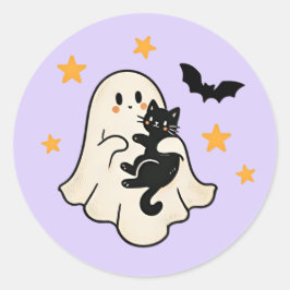 Adesivo Redondo Fantasma Flutuante Fofo de Halloween com Gato Pret