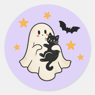 Adesivo Redondo Fantasma Flutuante Fofo de Halloween com Gato Pret