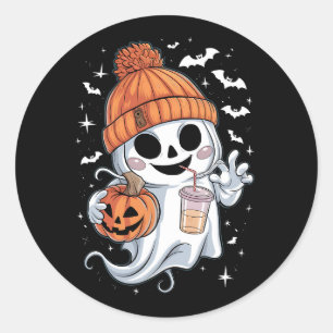 Adesivo Redondo Fantasma Fofo Bebendo Café Halloween Café Gelado