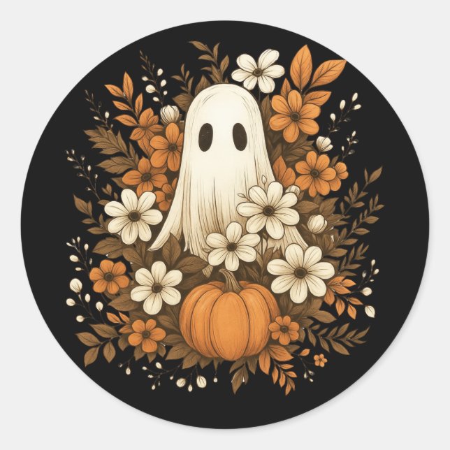 Adesivo Redondo Fantasma Fofo Com Abóbora E Flores De Outono – Hal (Frente)