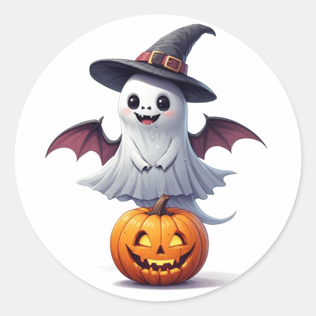 Adesivo Redondo Fantasma Fofo Com Abóbora Halloween 👻 (Frente)