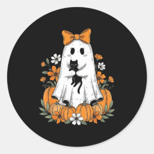 Adesivo Redondo Fantasma Fofo do Halloween Retrô Segurando Flora d