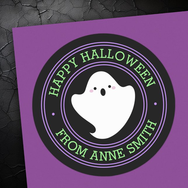 Adesivo Redondo Fantasma fofo Feliz Halloween do nome personalizad (Cute ghost Happy Halloween from custom name Classic Round Sticker)