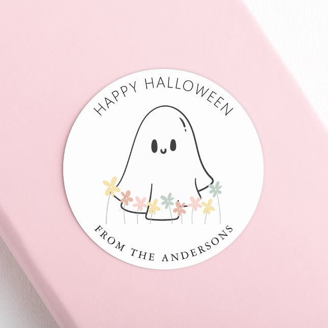 Adesivo Redondo Fantasma Fofo Floral de Halloween (Criador carregado)