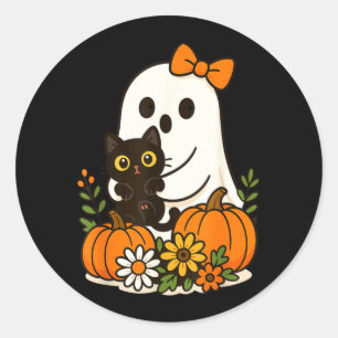 Adesivo Redondo Fantasma Fofo Segurando Gato Preto Floral Groovy