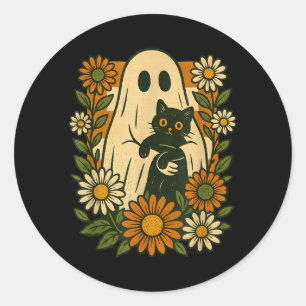 Adesivo Redondo Fantasma Fofo Segurando Gato Preto Floral Groovy D