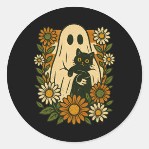 Adesivo Redondo Fantasma Fofo Segurando Gato Preto Floral Groovy E