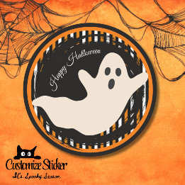 Adesivo Redondo Fantasma Halloween Laranja & Preto Listra Vintage