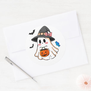 Adesivo Redondo Fantasma Kawaii de Halloween Fofo em Chapéu de Bru