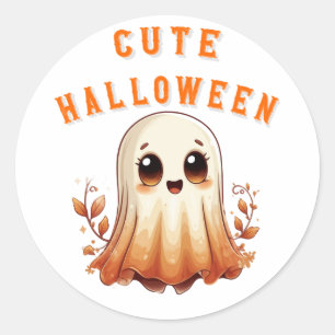Adesivo Redondo Fantasma Kawaii Fofo Com Folhas de Outono Hallowee