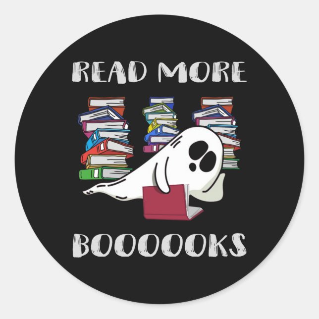 Adesivo Redondo fantasma lê mais livros de halloween (Frente)