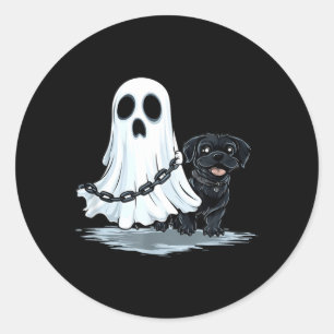 Adesivo Redondo Fantasma segurando cachorrinho fantasia engraçada