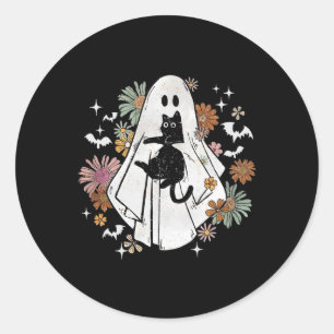 Adesivo Redondo Fantasma Segurando Gato Negro Groovy Floral Hallow