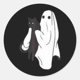 Adesivo Redondo Fantasma segurando gato preto Dia das Bruxas Amant