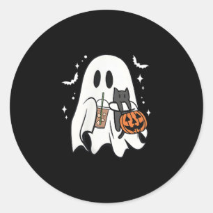 Adesivo Redondo Fantasma Spooky segurando Café de gelo preto no Di