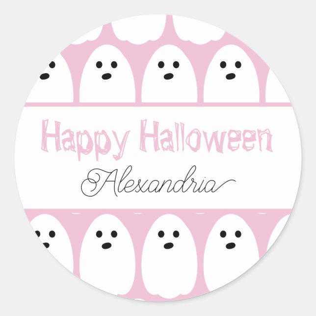 Adesivo Redondo Fantasmas Cute Personalizados do Halloween Rosa (Frente)