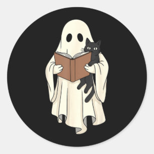 Adesivo Redondo Fantasmas e Gato Preto Lendo no Halloween