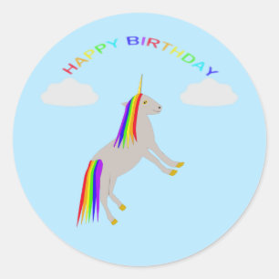 Adesivo Redondo Fantasy Birthday Unicorn Rainbow and Clouds