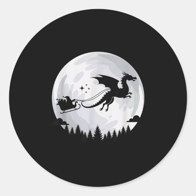 Adesivo Redondo Fantasy Dragon Moon Sleigh, Santa Pulled By Dragon (Frente)