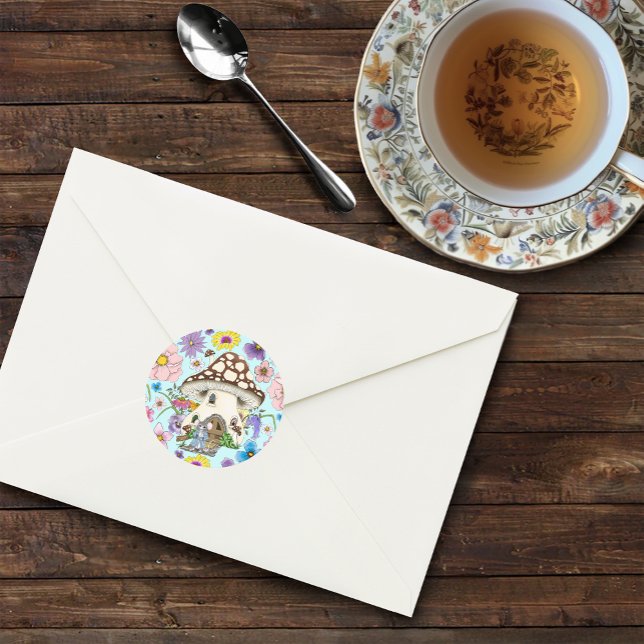 Adesivo Redondo Fantasy Mouse Mushroom House Floral (Criador carregado)