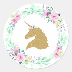 Adesivo Redondo Fantasy Unicorn Floral Dourado