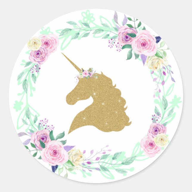 Adesivo Redondo Fantasy Unicorn Floral Dourado (Frente)