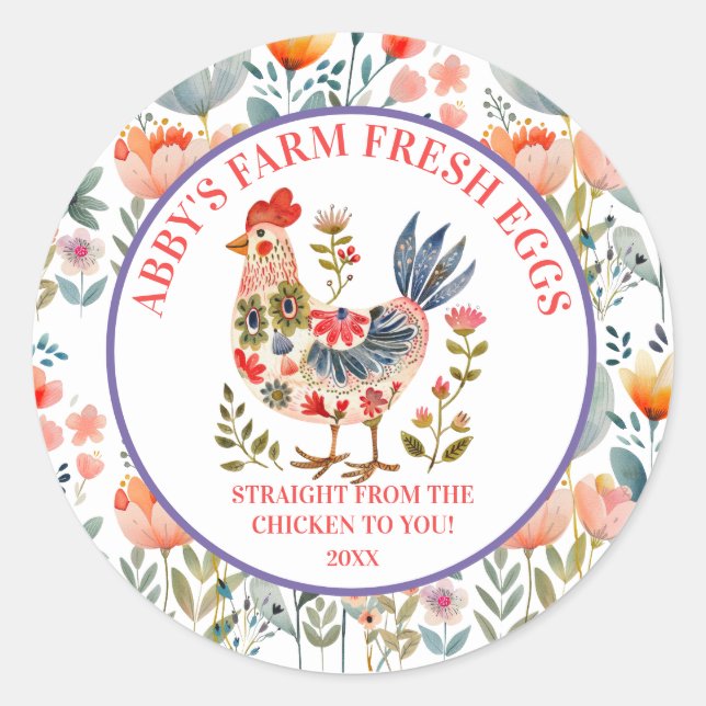 Adesivo Redondo Farm Fresh Eggs Folk Art Chicken (Frente)