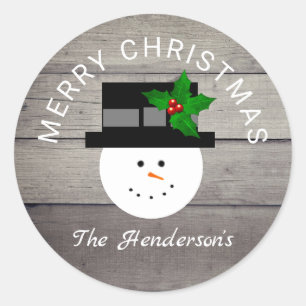 Adesivo Redondo Farmhouse Christmas Snowman Family Name