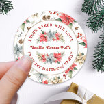 Adesivo Redondo Farmhouse Poinsettia Baked with Love Holiday<br><div class="desc">From the Farmhouse Poinsettia Christmas & Holiday Collection: Farmhouse Poinsettia Baked with Love Holiday, with Beautiful Curved Typography and Personalized Food Name and Text. Easily customize text for this pretty Christmas label Template. In 4 different colorway options, this option features a white background color, and pretty watercolor poinsettia and greenery...</div>