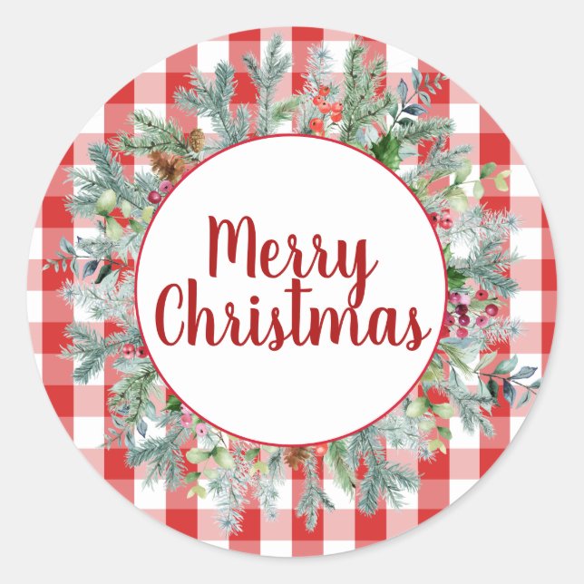 Adesivo Redondo Farmhouse Red White Buffalo Cheque Feliz Natal (Frente)