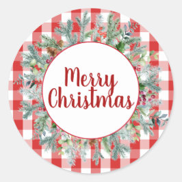Adesivo Redondo Farmhouse Red White Buffalo Cheque Feliz Natal